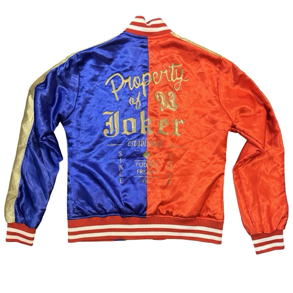 Harley Quinn Property of Joker Satin Bomber Jacket Women's L Red Blue Cosplay